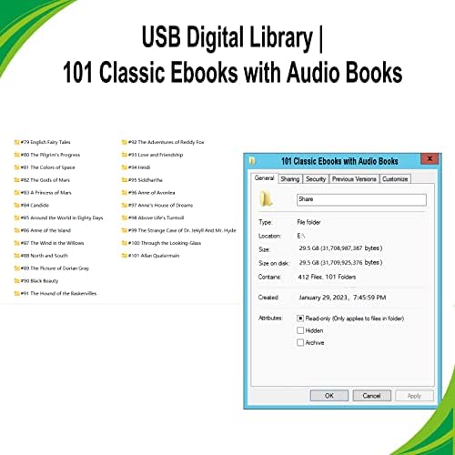 הספרייה הדיגיטלית של USB | 101 ספרים אלקטרוניים קלאסיים עם ספרי שמע בכונן הבזק USB | מתנת תולעת